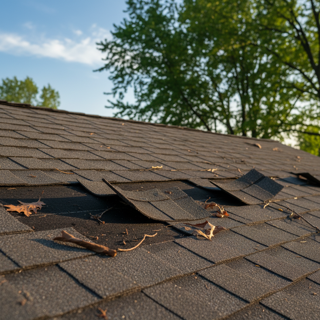 Wind-damaged asphalt shingles lifted and creased with scattered storm debris on a Maryland suburban home roof after a thunderstorm