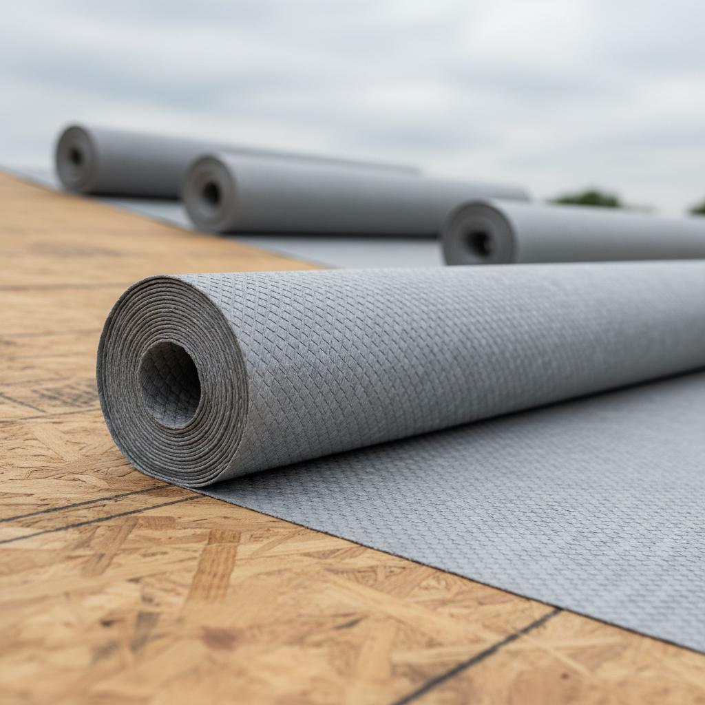 Partially unrolled synthetic roofing underlayment on OSB sheathing during a Maryland residential roof replacement
