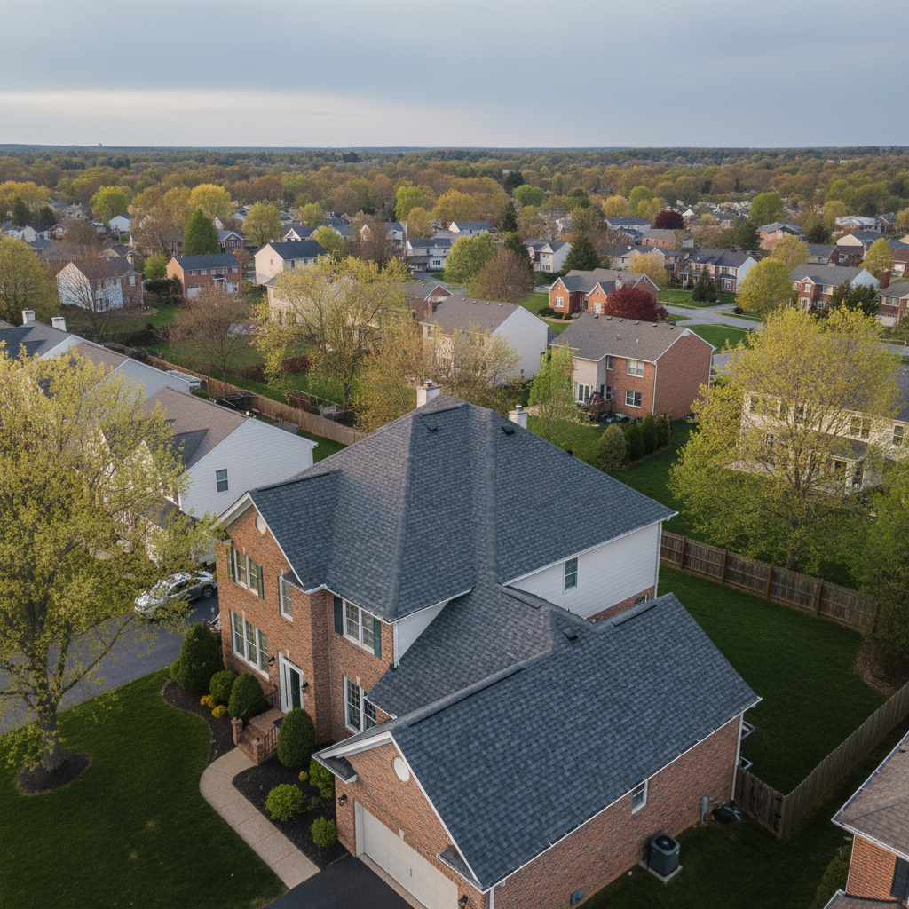 Aerial drone view of a fresh architectural asphalt shingle roof replacement on a two-story Maryland suburban home, installed by Supreme Restorations after an approved storm damage insurance claim
