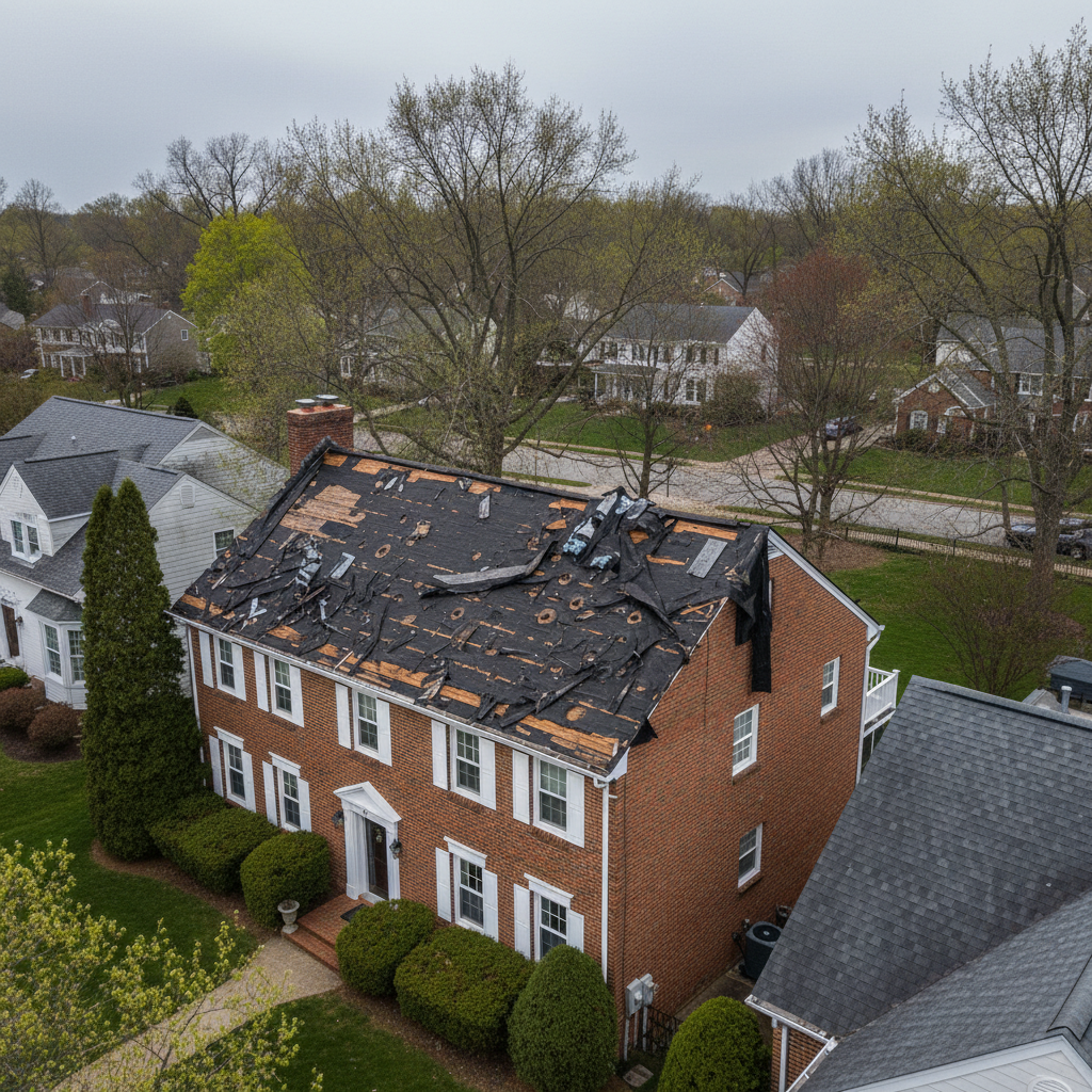 Storm-damaged asphalt shingle roof on a Maryland colonial home with torn shingles, exposed underlayment, and scattered debris. Documented for insurance claim filing by Supreme Restorations