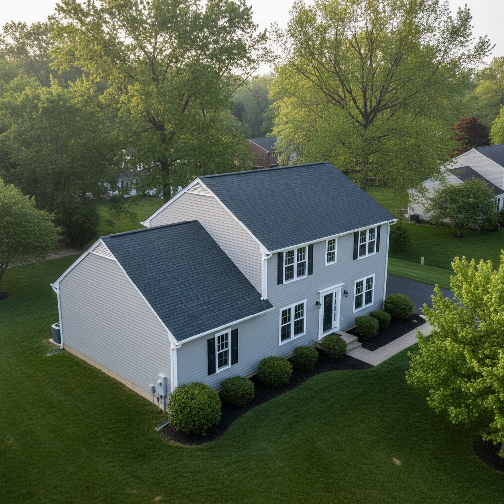 Aerial view of a Maryland home with new vinyl siding paired with new roof and gutters. Full-exterior restoration by Supreme Restorations