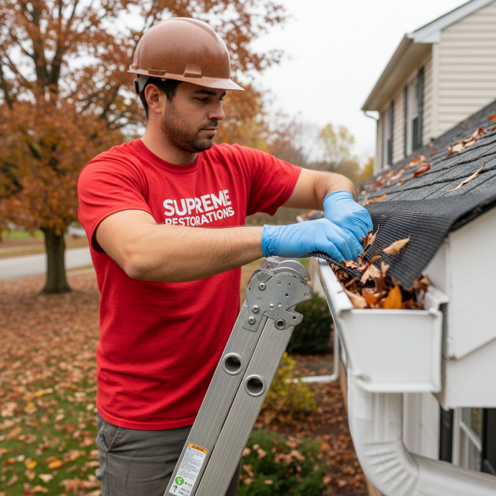 Supreme Restorations installer in red branded shirt and blue nitrile gloves clipping black micro-mesh gutter guards into an existing seamless aluminum gutter on a Maryland home in autumn