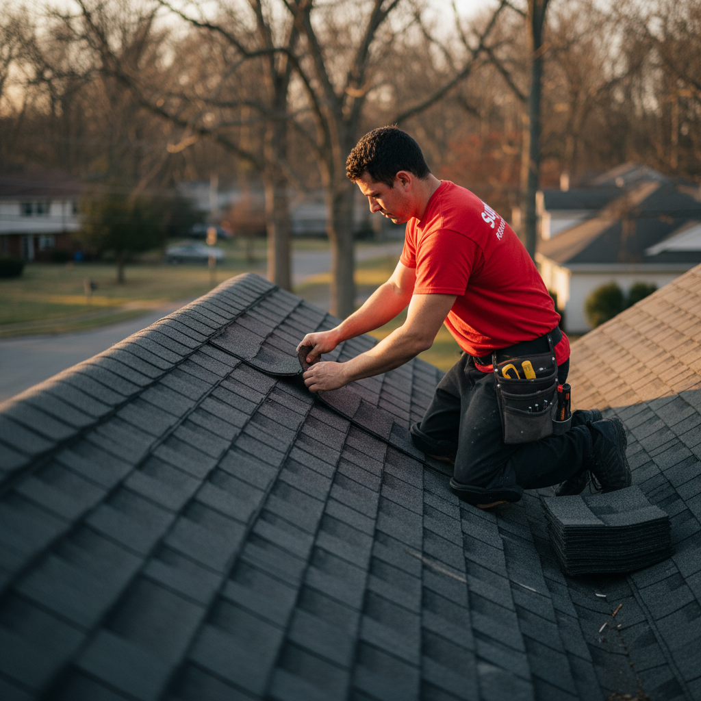 Supreme Restorations roofer on an extension ladder mid-repair, lifting a damaged shingle tab to slide in a replacement on a Maryland suburban home at golden hour