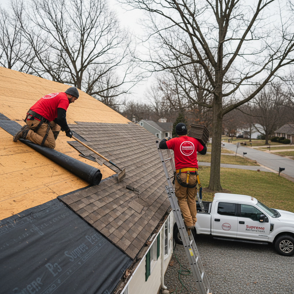 Supreme Restorations crew mid tear-off on a two-story Maryland colonial home, with branded pickup truck in the driveway, replacing a storm-damaged asphalt shingle roof