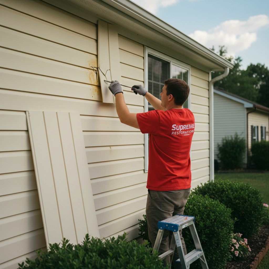 Supreme Restorations technician using a zip tool to unlock and slide out a cracked vinyl siding panel on a Maryland suburban home, replacement panel leaning against the wall