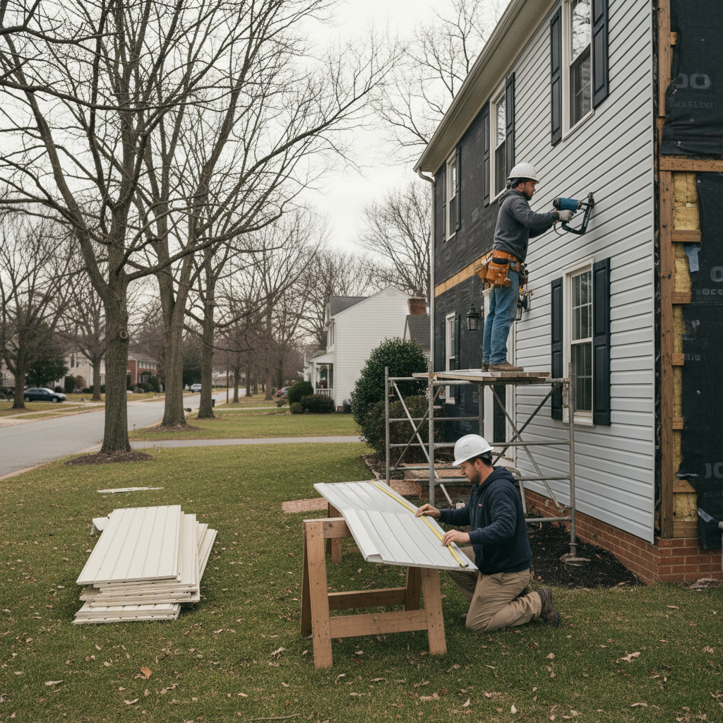 Supreme Restorations crew mid-replacement on a Maryland colonial home with new light-gray vinyl siding on one half and black housewrap exposed on the other, worker on scaffolding nailing a panel
