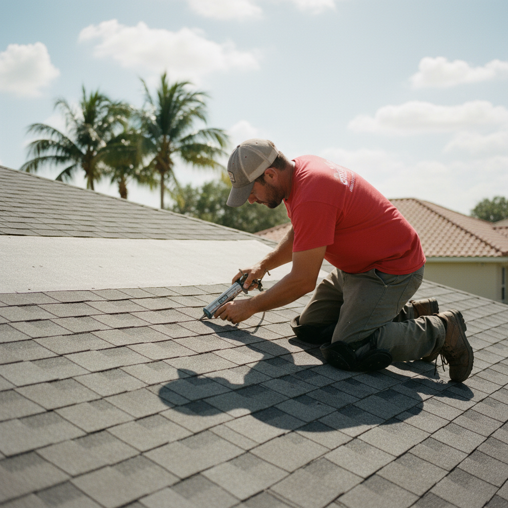 Supreme Restorations roofer in red branded shirt re-sealing wind-damaged shingles with a caulking gun on a West Palm Beach Florida home with palm trees behind