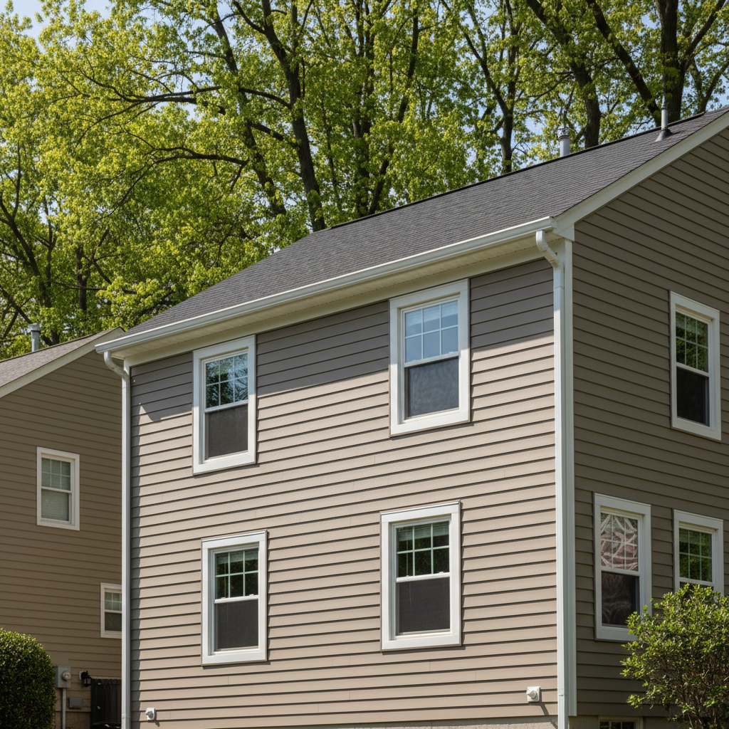 Freshly installed vinyl lap siding on a Maryland two-story suburban home with crisp white trim and seamless gutters